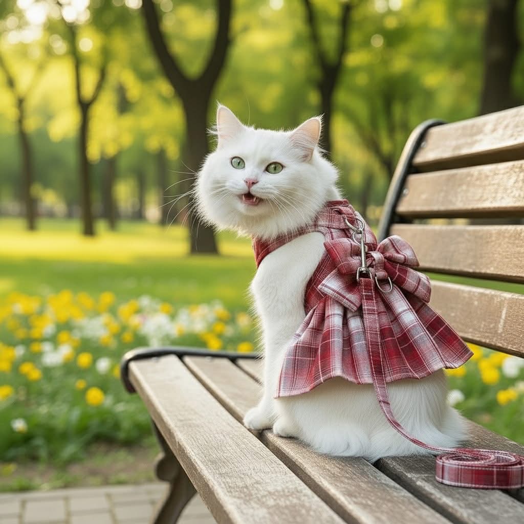 Cat wearing a plaid bow dress